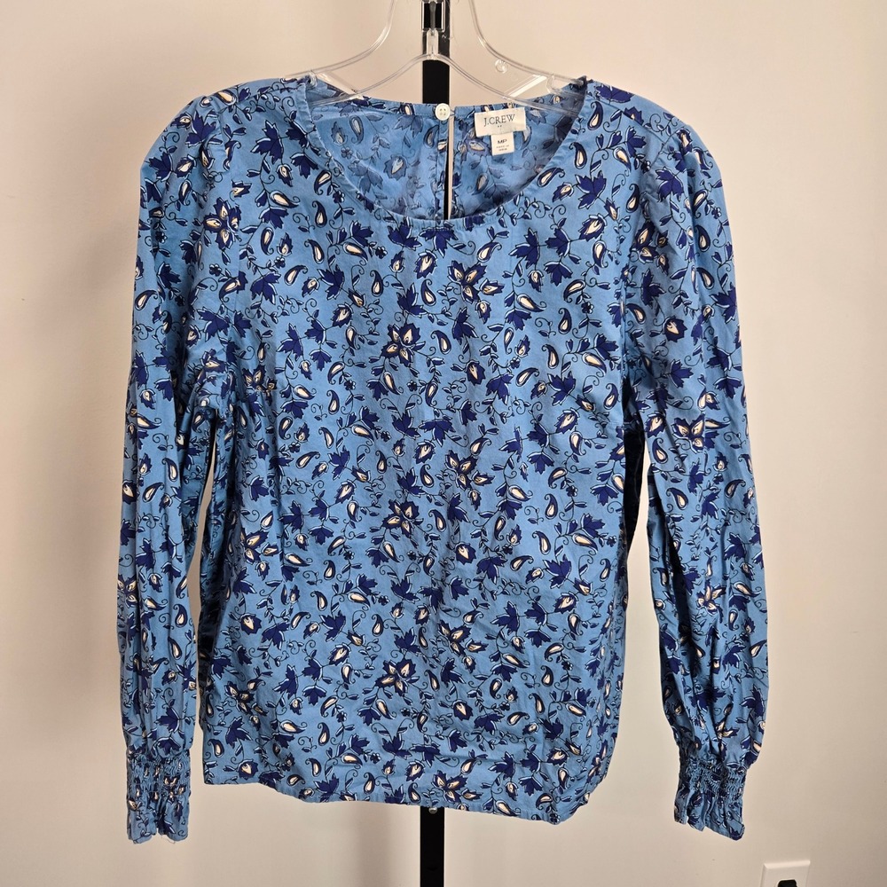 J.Crew Blue Floral Paisley Smocked Cuff Blouse CD549 Petite MP Preppy Coastal